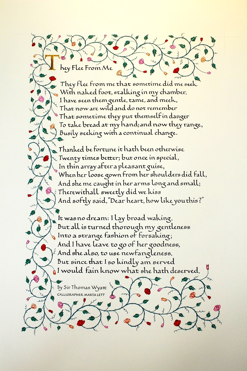 They Flee From Me, calligraphy commission of original poetry in traditional script and vining decoration