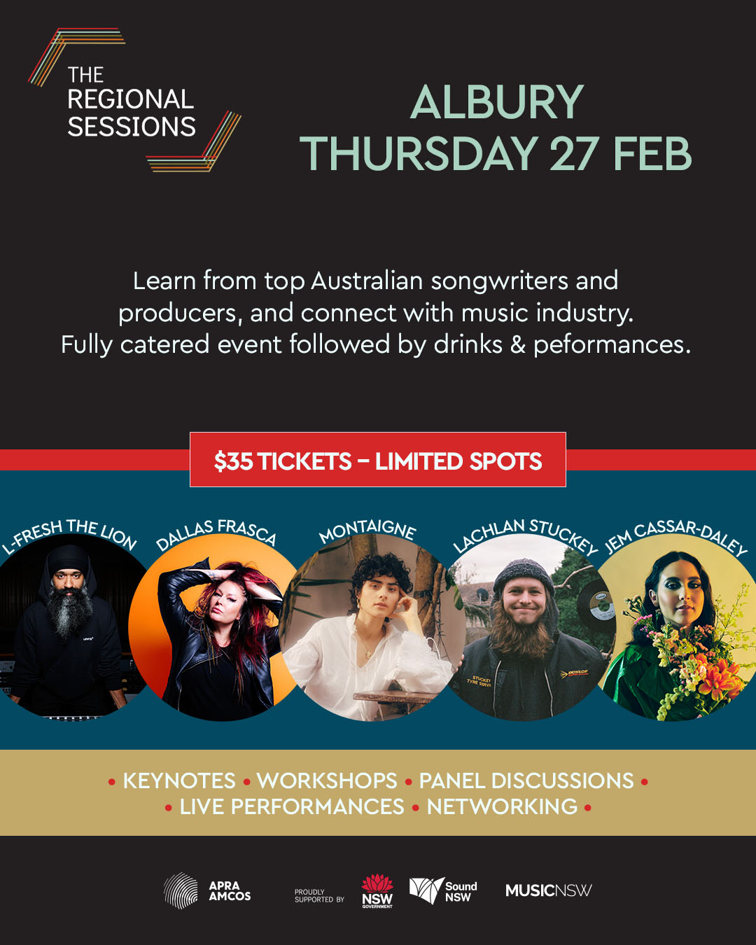 Banner for The Regional Sessions in Albury featuring five artists with pricing details for limited spots.